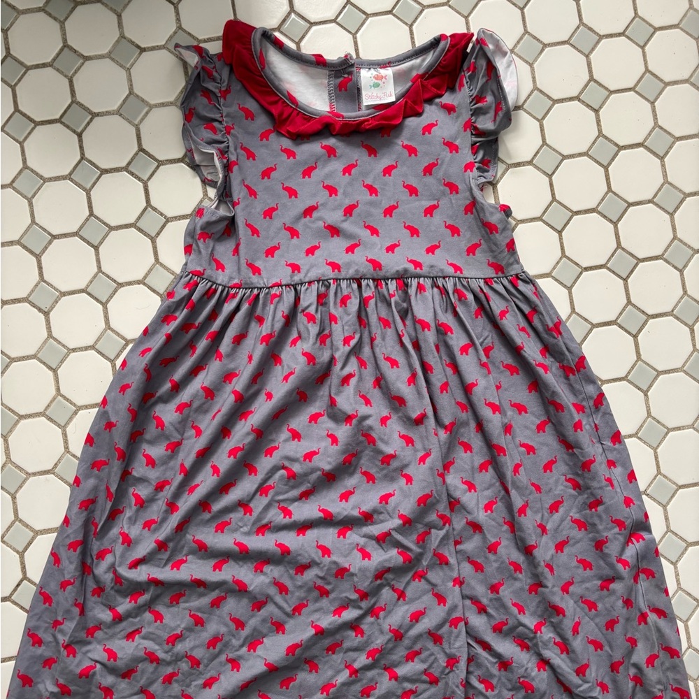 Stitchy Fish Girls Grey Dress with Red Animal Print, Size 10